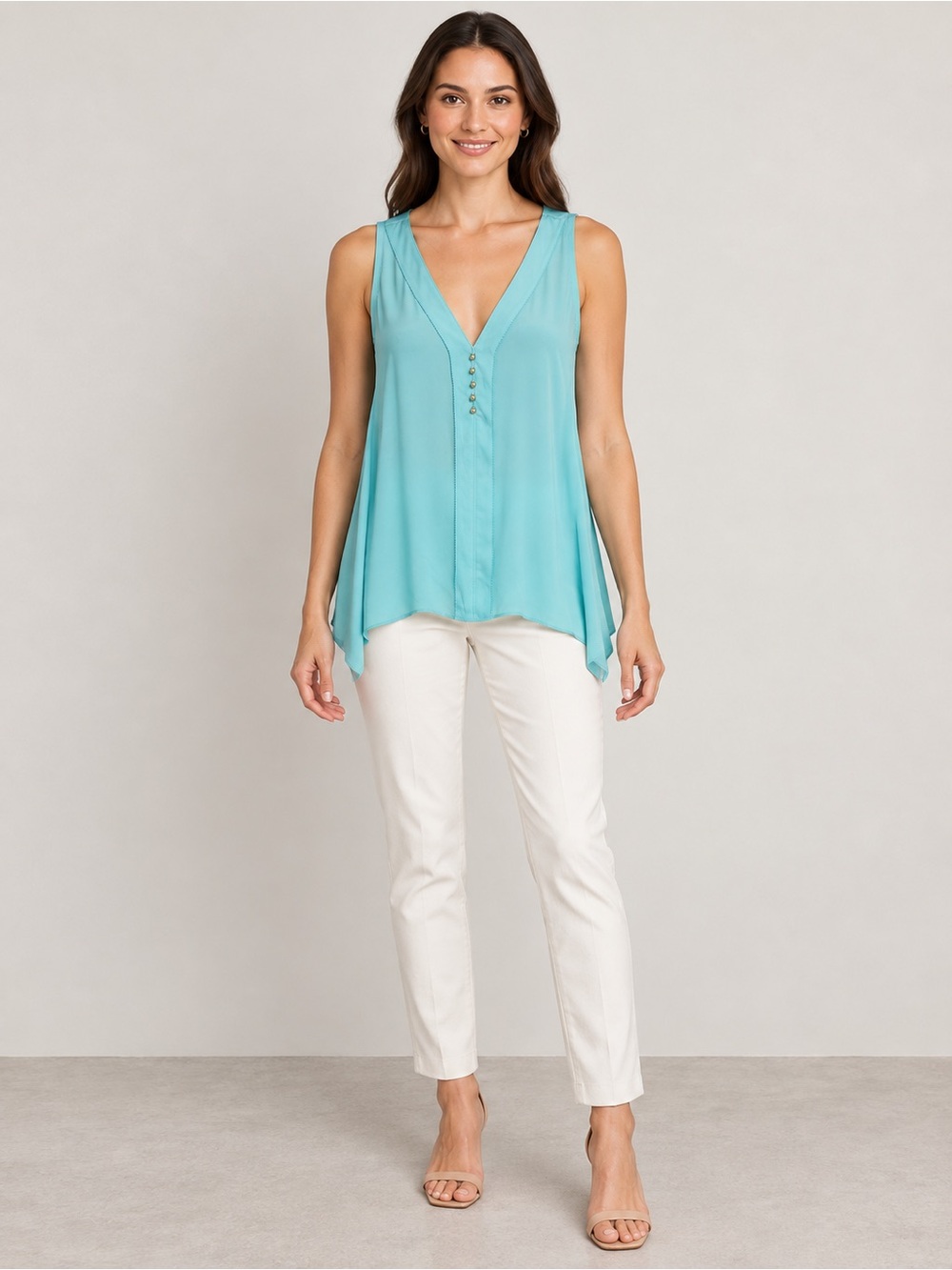 Trina Turk Aqua Sleeveless Button Detail Silk Blouse Size S